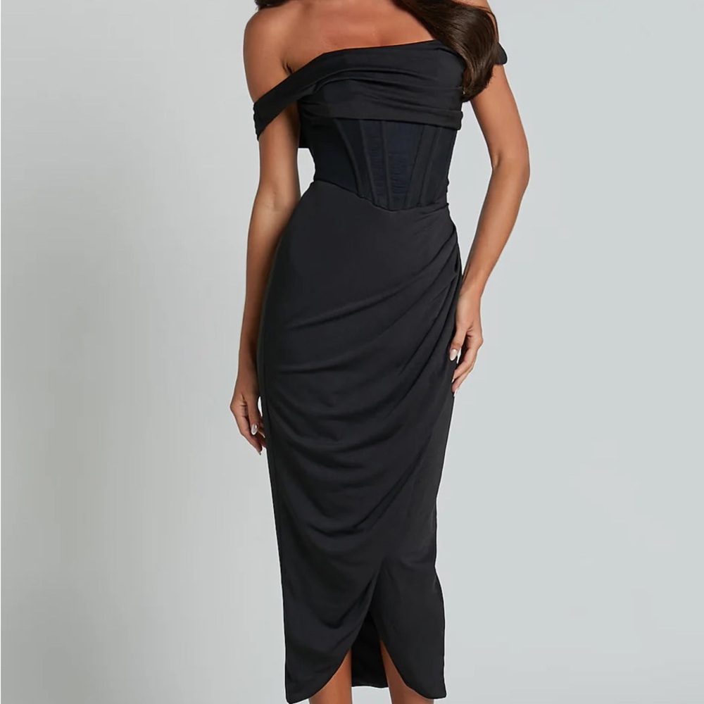 Showpo One-Shoulder Black Draped Midi Dress